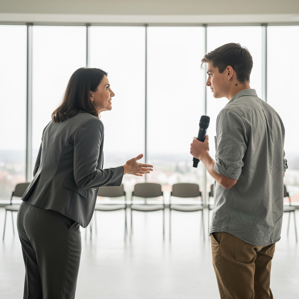 Mentor coaching a young participant with a microphone