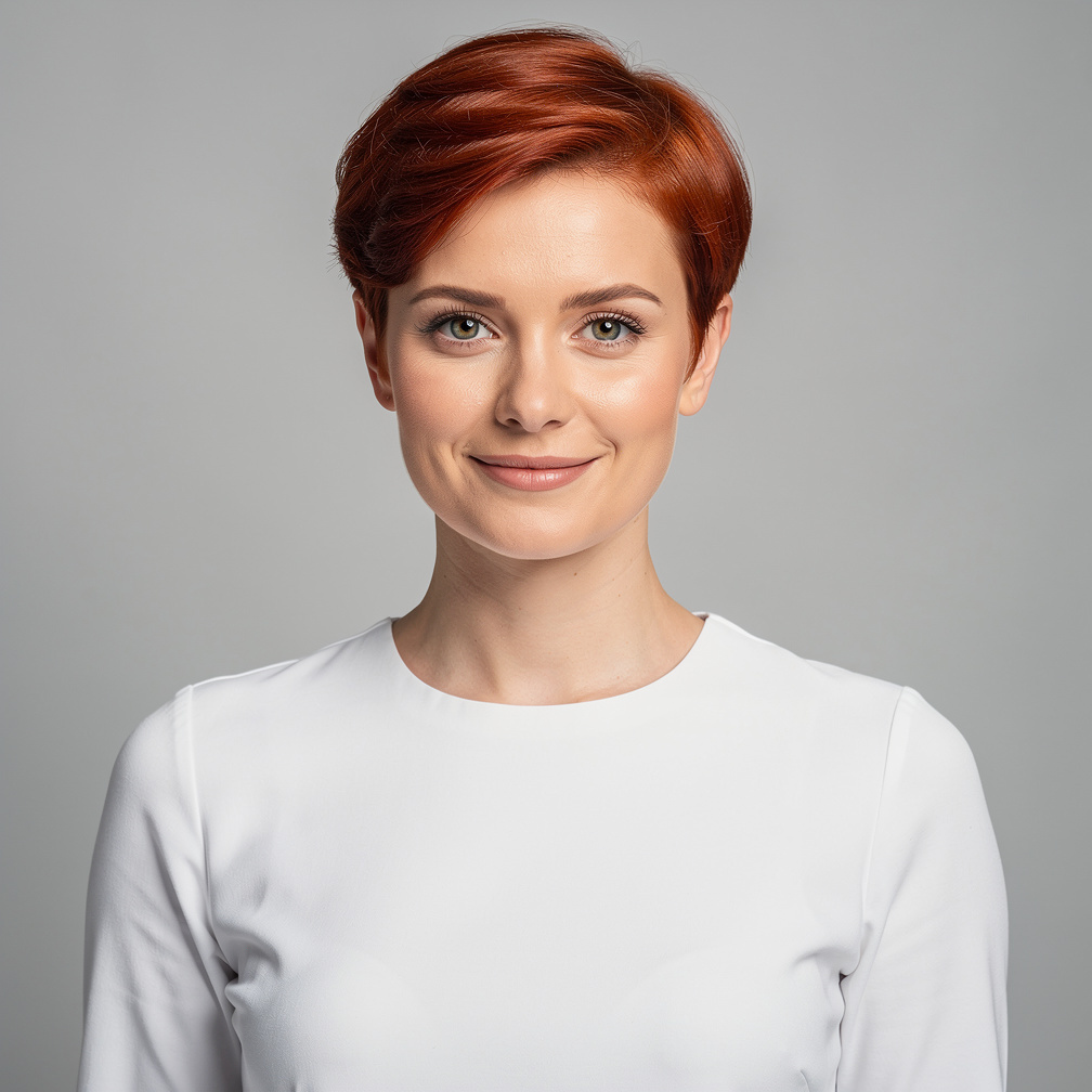 Slovenian woman with red hair looking thoughtfully at camera