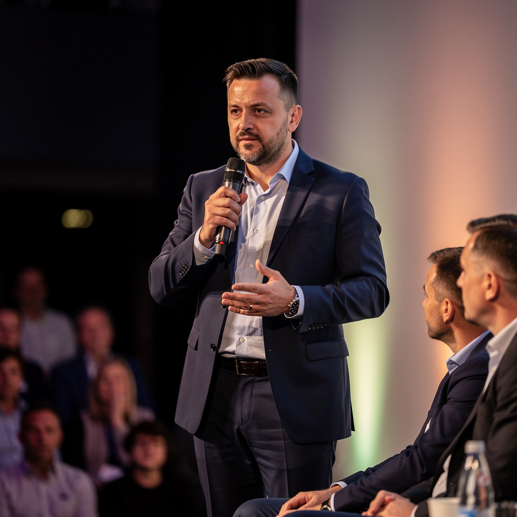 Male moderator on stage holding a microphone during a panel discussion