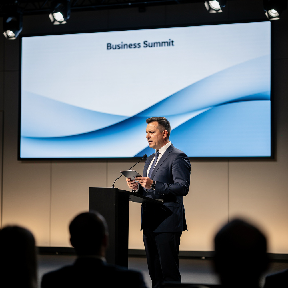 Man moderating a business conference from a podium
